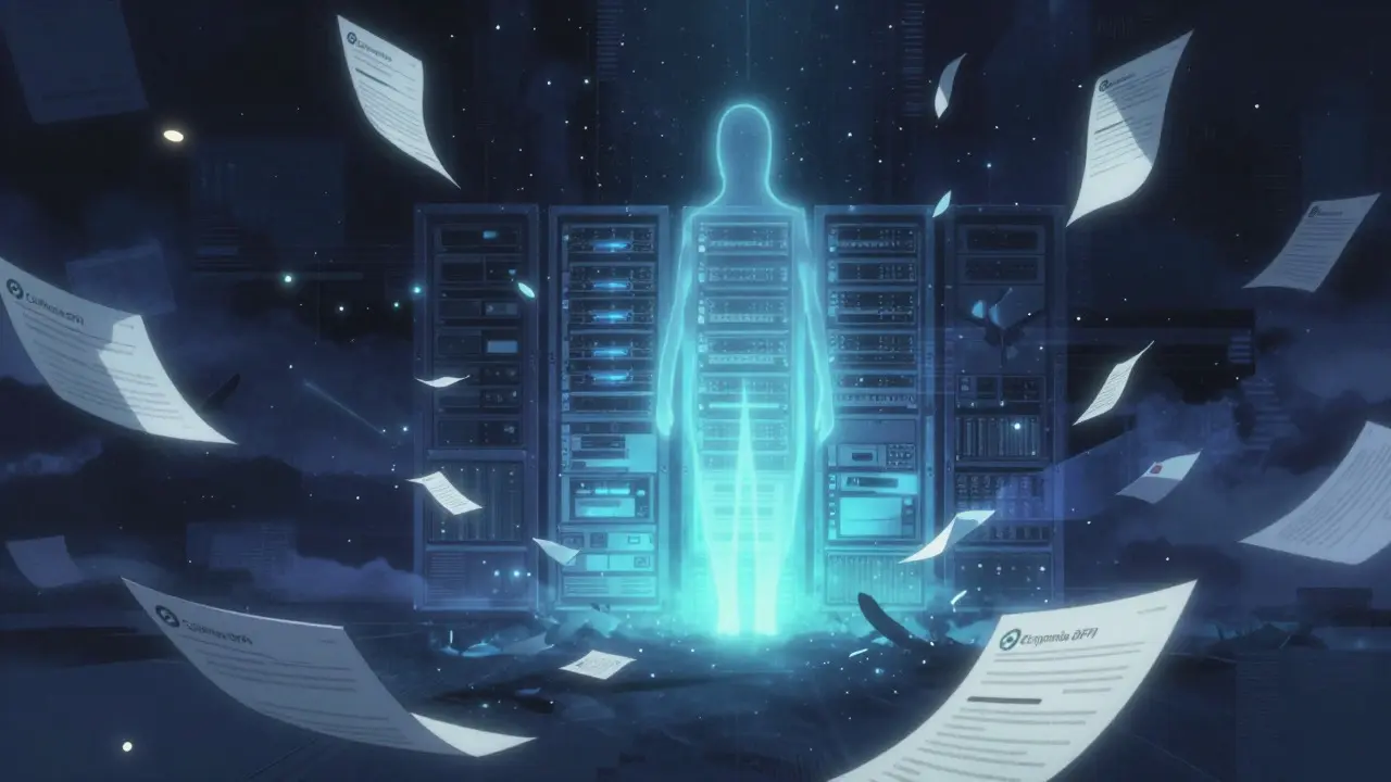 Makoto Shinkai style art of a dissolving digital server and floating documents