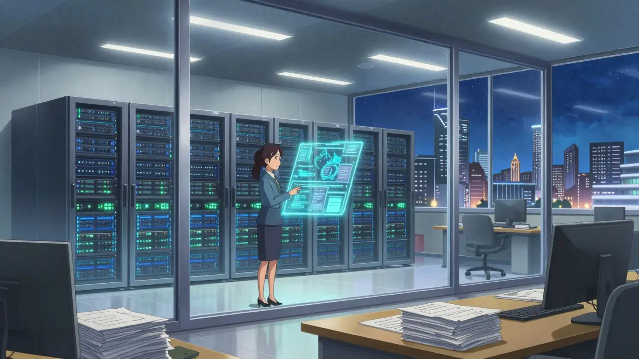 Makoto Shinkai style art of a high-tech office with holograms, representing Russia's experimental crypto regime