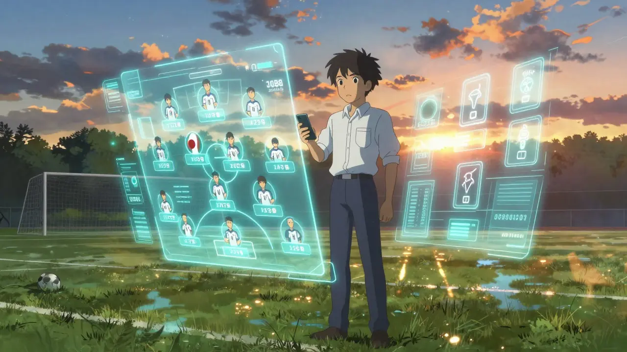Manager viewing holographic squad stats and token utilities at sunset