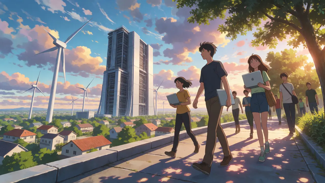 People walking near solar-powered crypto mining facility at sunset