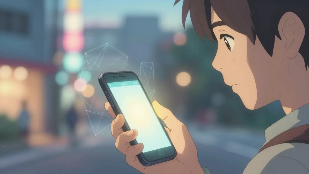 Person holding a glowing phone with subtle security symbols in a dreamy urban setting