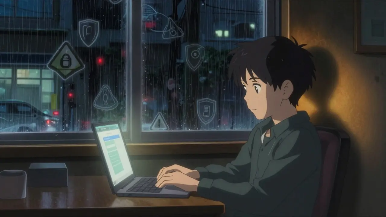 Person in a room at night reviewing a secure financial transaction