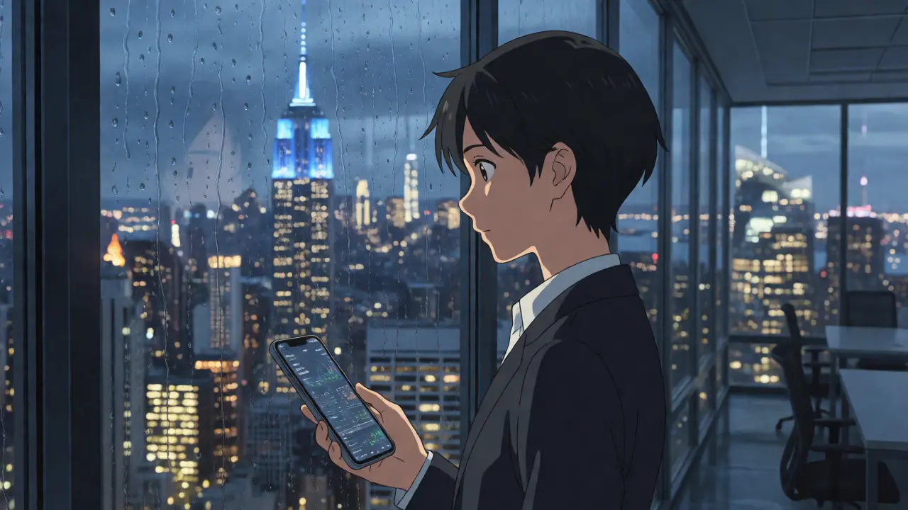 Professional in NYC office at dusk viewing city skyline