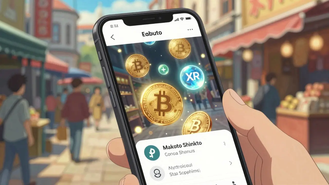 Smartphone displaying crypto app with floating digital coins in Istanbul street