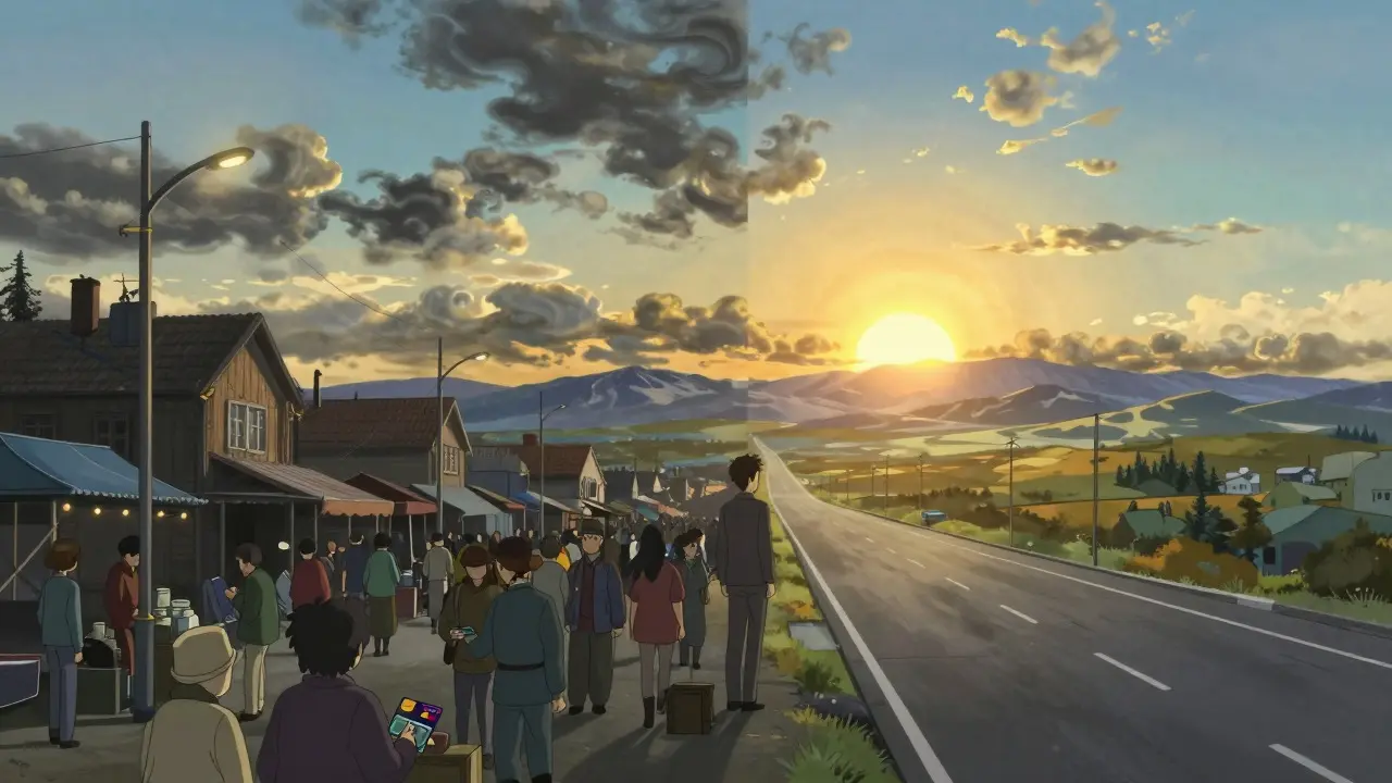 Split horizon anime scene showing contrast between restricted domestic markets and open international trade