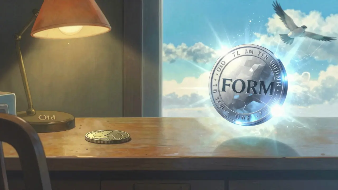Split view of an old coin on a desk and a new token transforming into a bird.