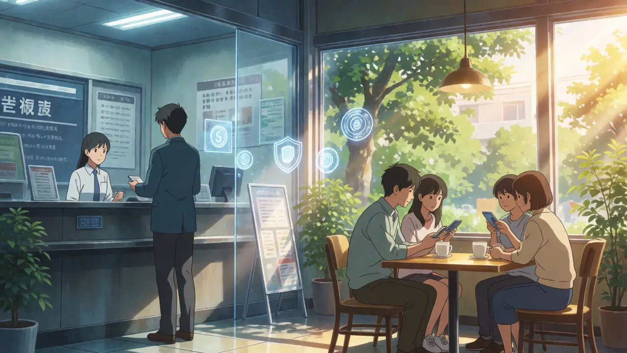 Split view of strict bank interior and sunny cafe with digital asset exchange