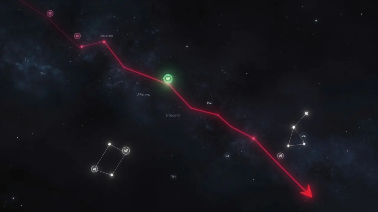 Starry sky visualization of sparse cryptocurrency tokens with a subtle downward trend line