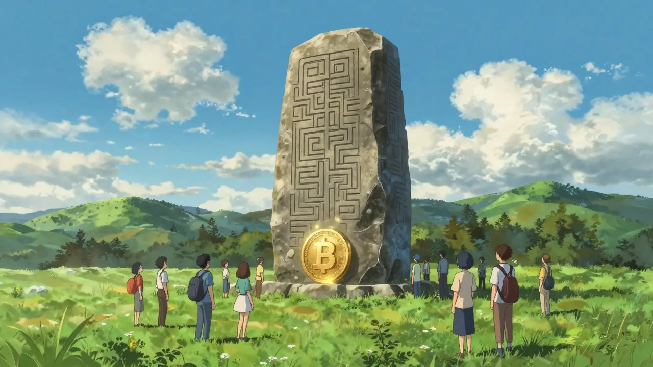 Stone monument with blockchain carvings and a glowing coin in a sunny meadow