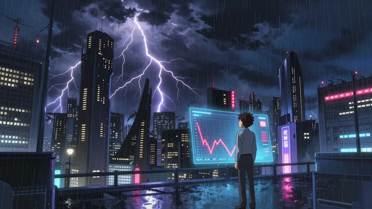 Stormy night scene with trader viewing crashing graphs, representing market collapse.
