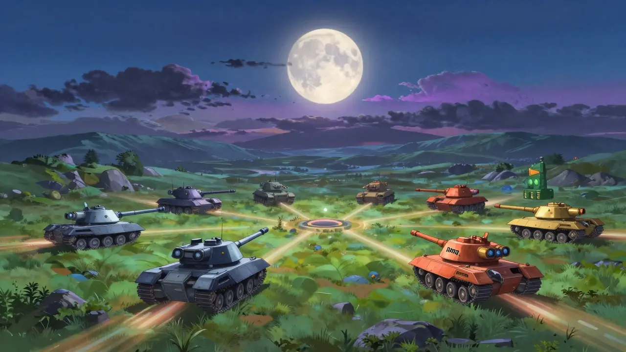 Stylized tanks deployed on a lush battlefield under a dramatic twilight sky, anime art.