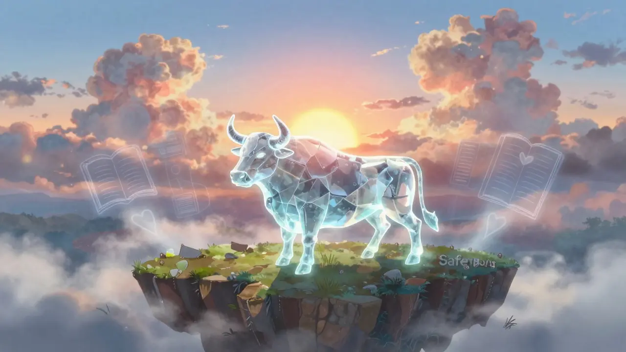 Surreal floating island with a glass bull statue amidst mist and sunset clouds