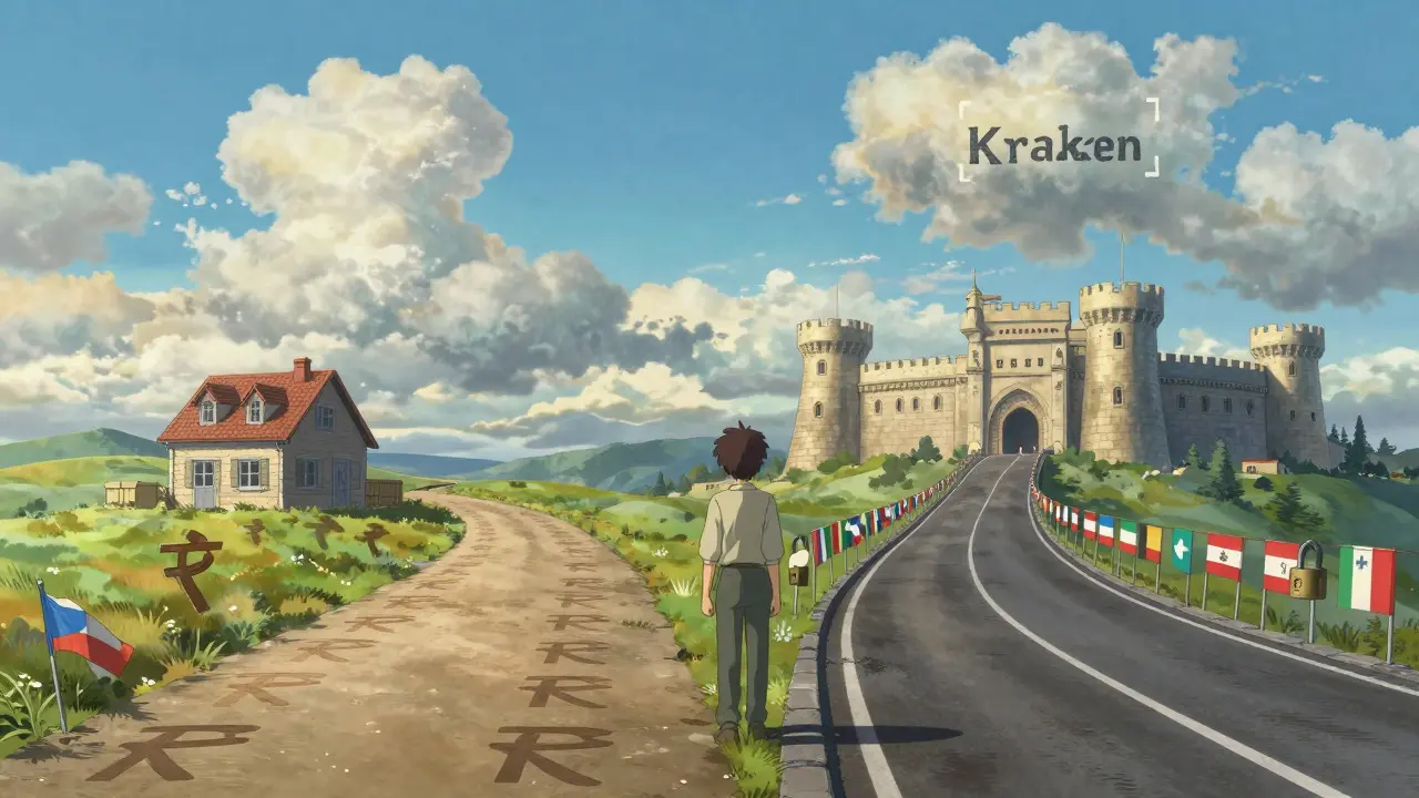 Traveler at crossroads choosing between convenient local exchange and regulated global fortress