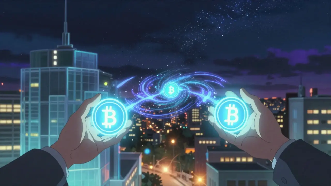 Two hands exchanging glowing orbs of light against a starry night cityscape background