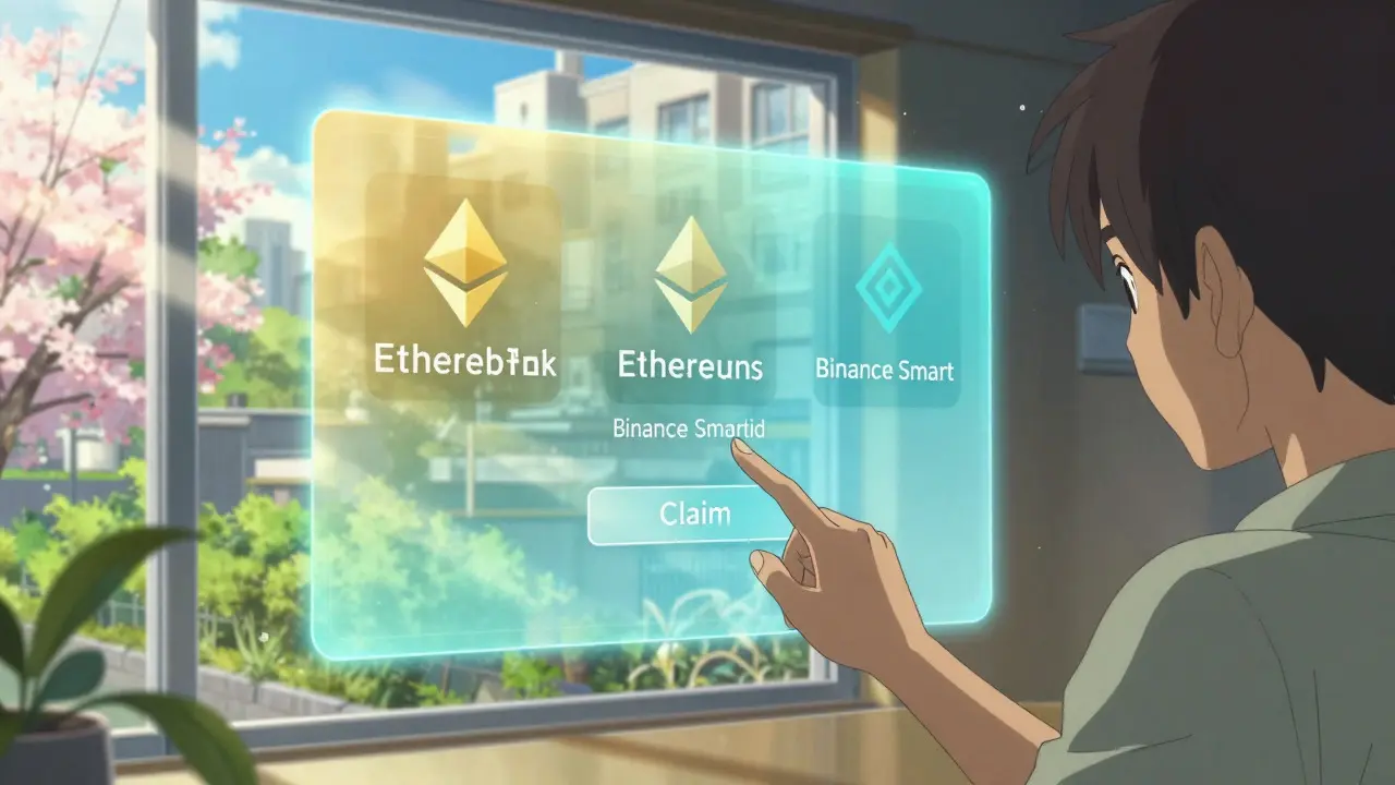 User claiming crypto tokens via holographic wallet interface in a sunlit room with cherry blossoms.