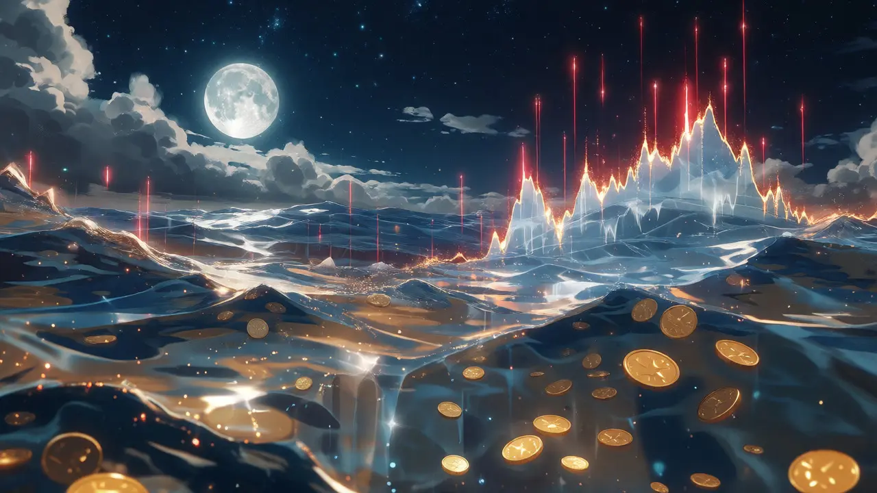 Abstract anime art of an ocean mirroring market charts with floating golden coins.