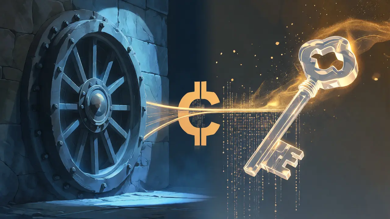 Artistic depiction of secure vault and floating digital key