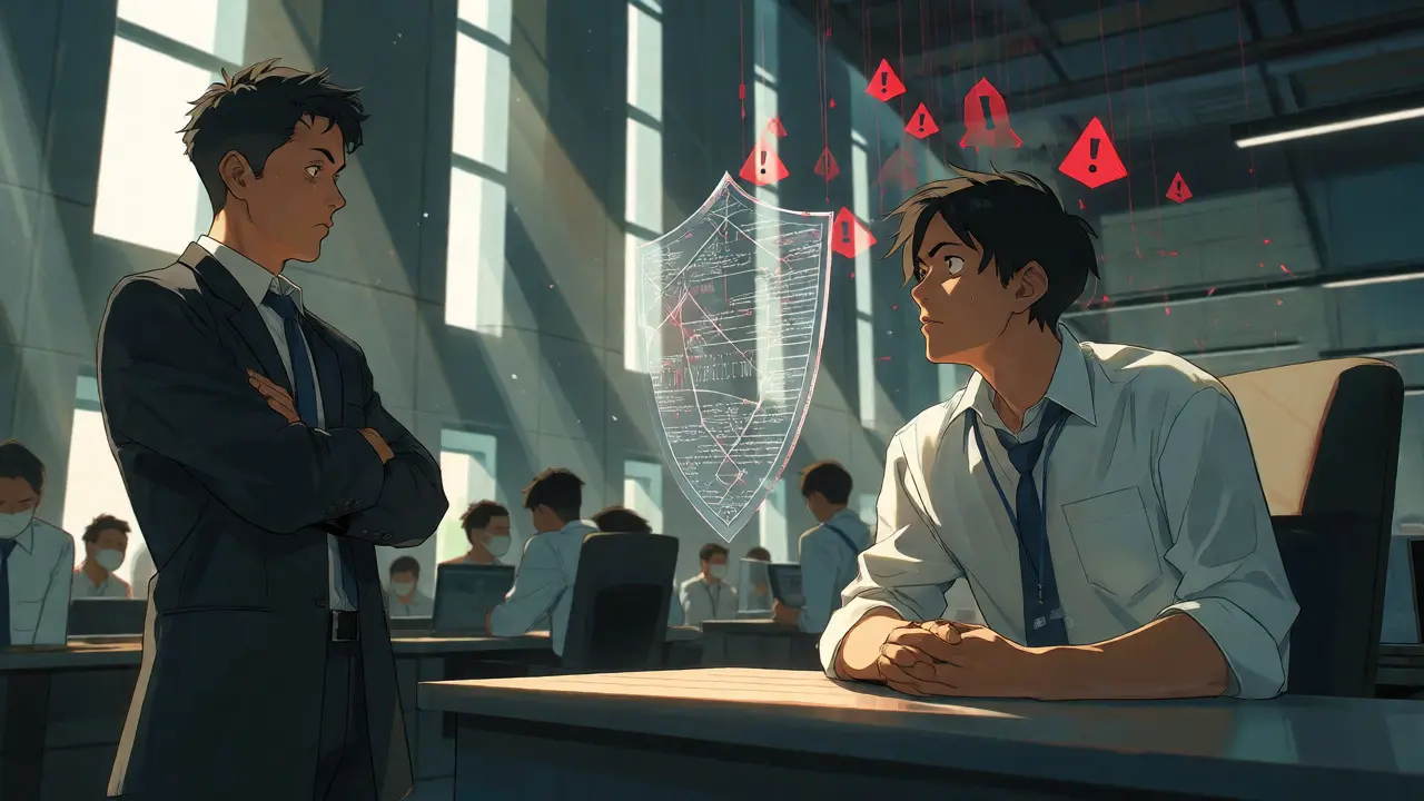 Auditor facing a trader protected by a digital shield amidst falling warning symbols in an office.
