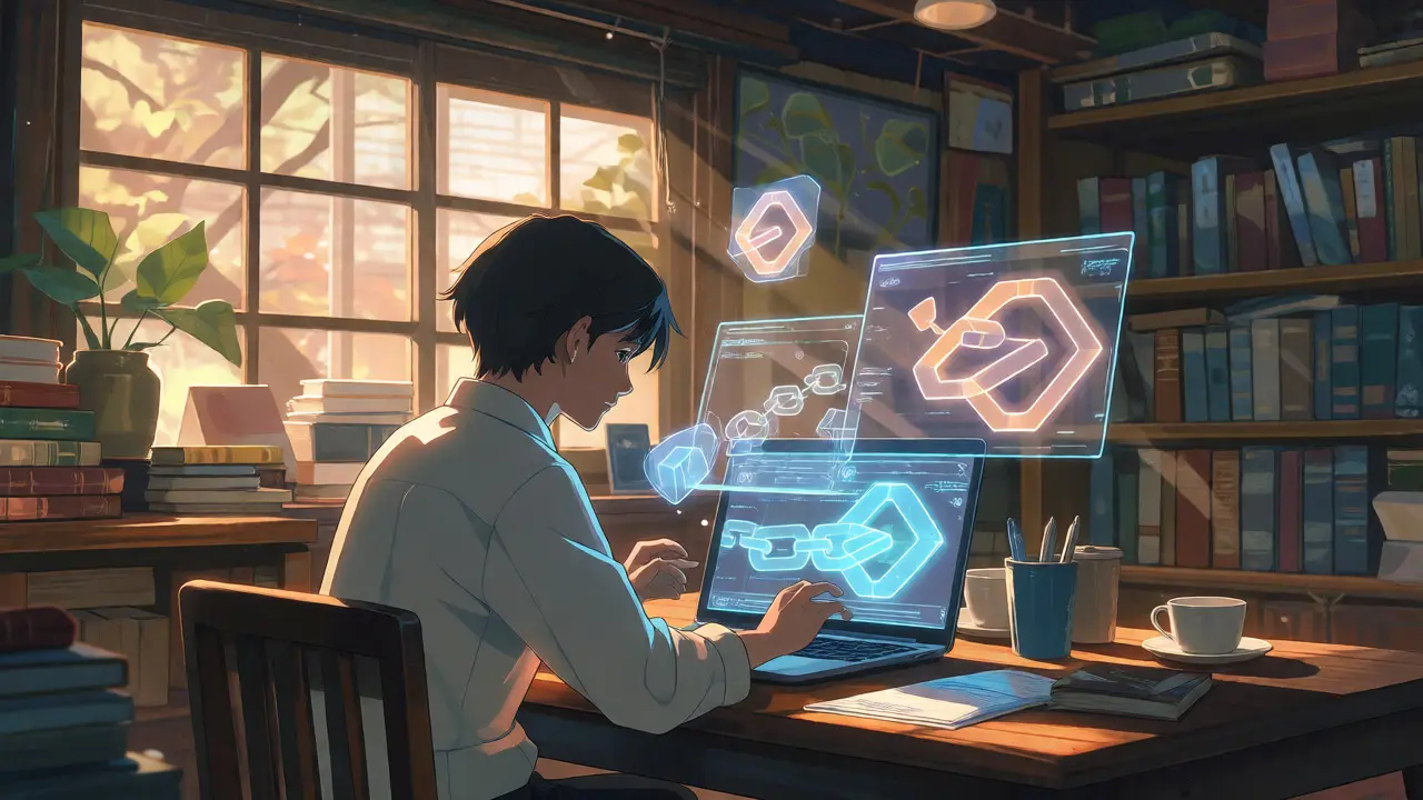 Character analyzing holographic blockchain data in sunlit room