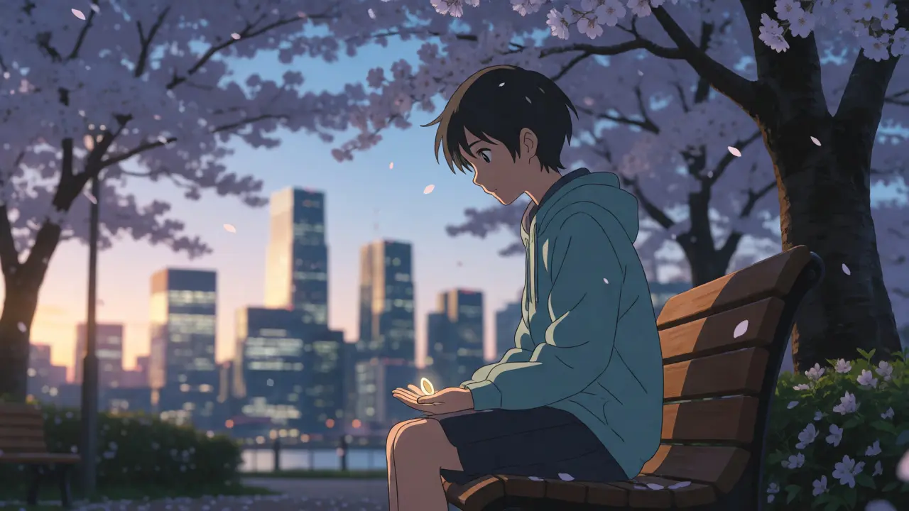Character holding glowing seed under cherry blossoms