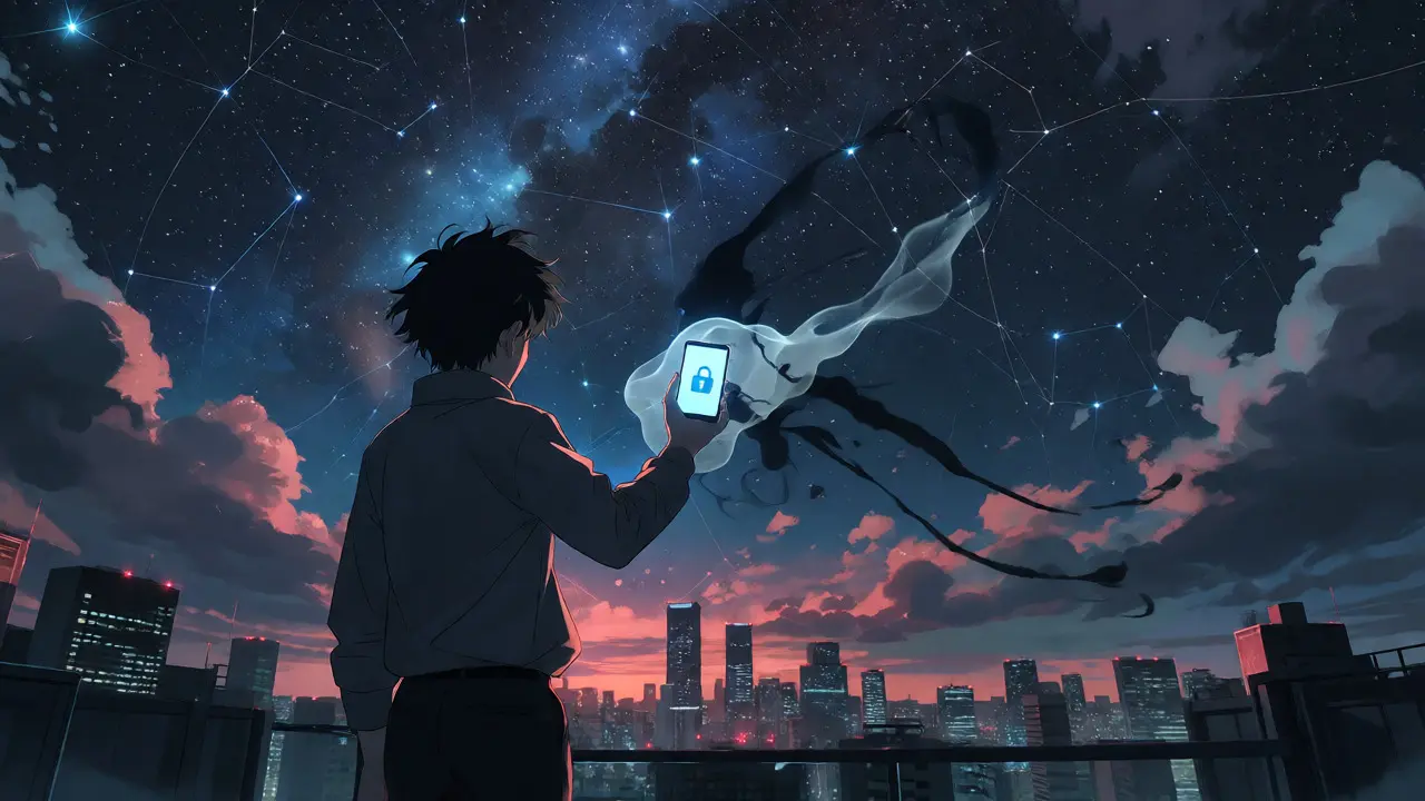 Character on rooftop securing digital assets against shadows