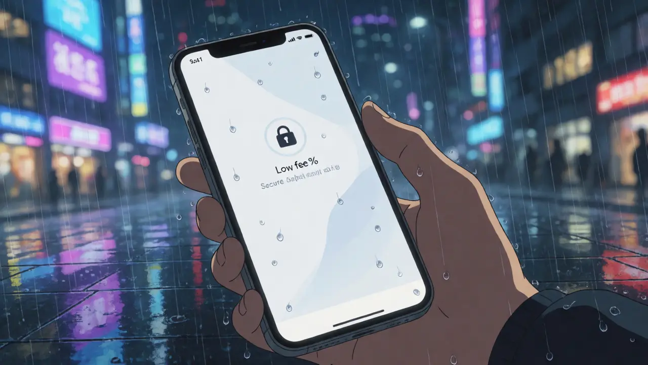 Close-up of a phone showing a secure trading app in a rainy neon-lit city.