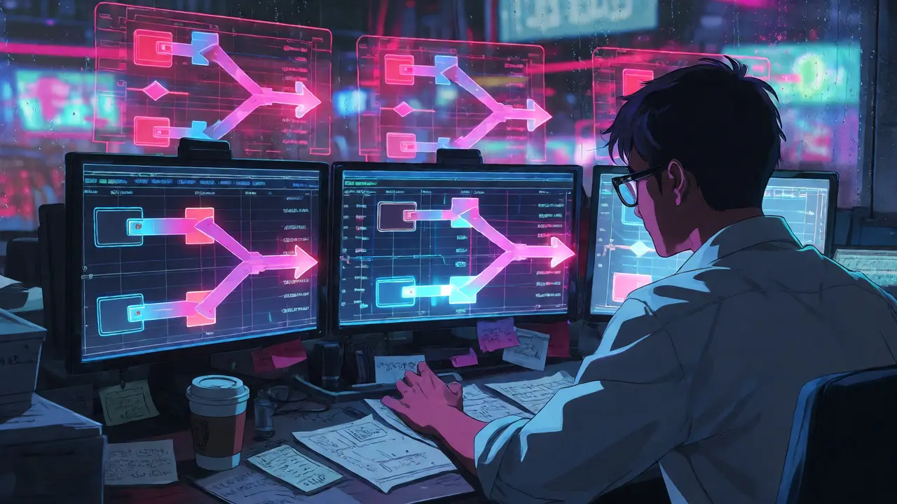 Close-up of a trader analyzing holographic exchange flow data in a rainy office.