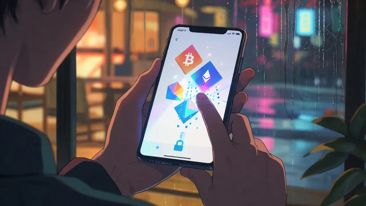 Close-up of hands holding phone with glowing crypto interface