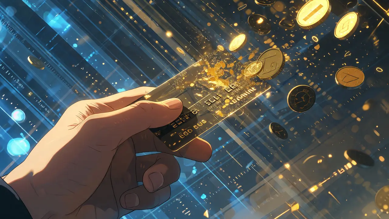 Credit card transforming into digital gold coins amidst data streams and light.