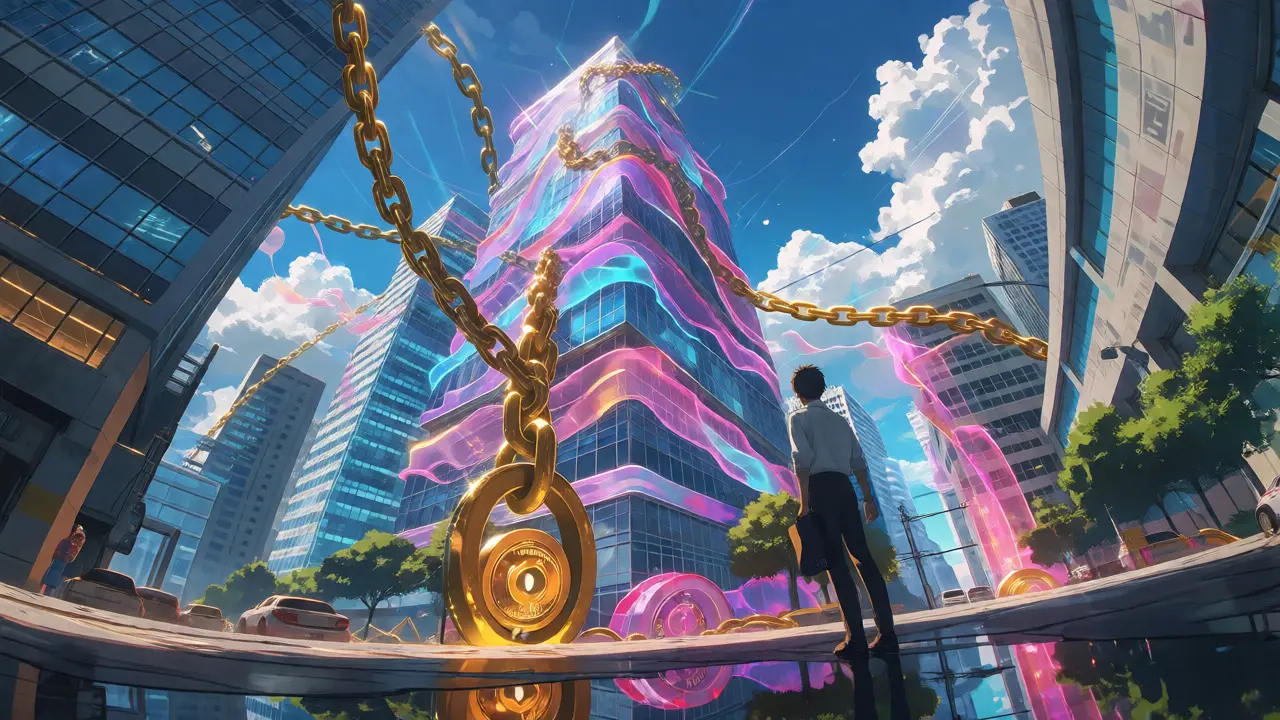 Digital token ribbons bound by golden chains around skyscrapers