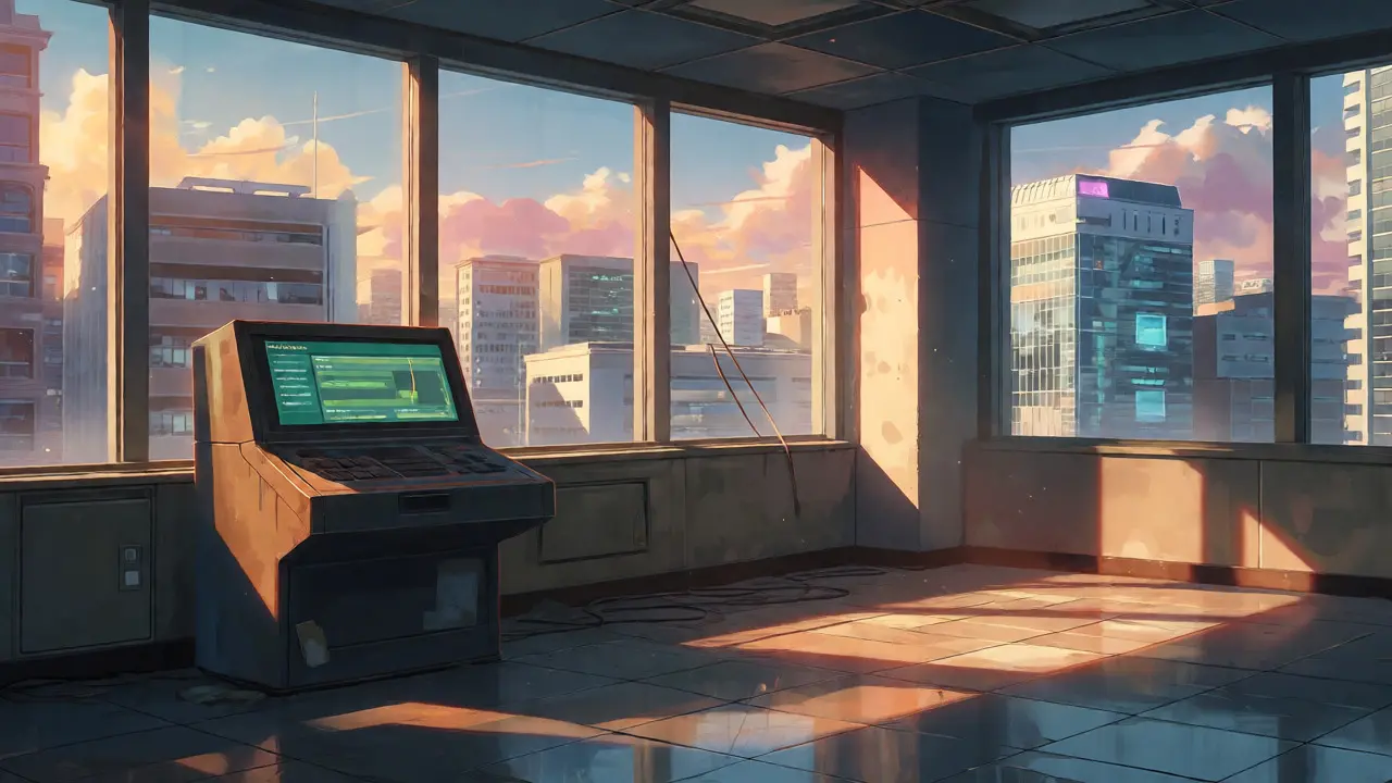 Empty digital terminal in sunlit room overlooking new DeFi platforms