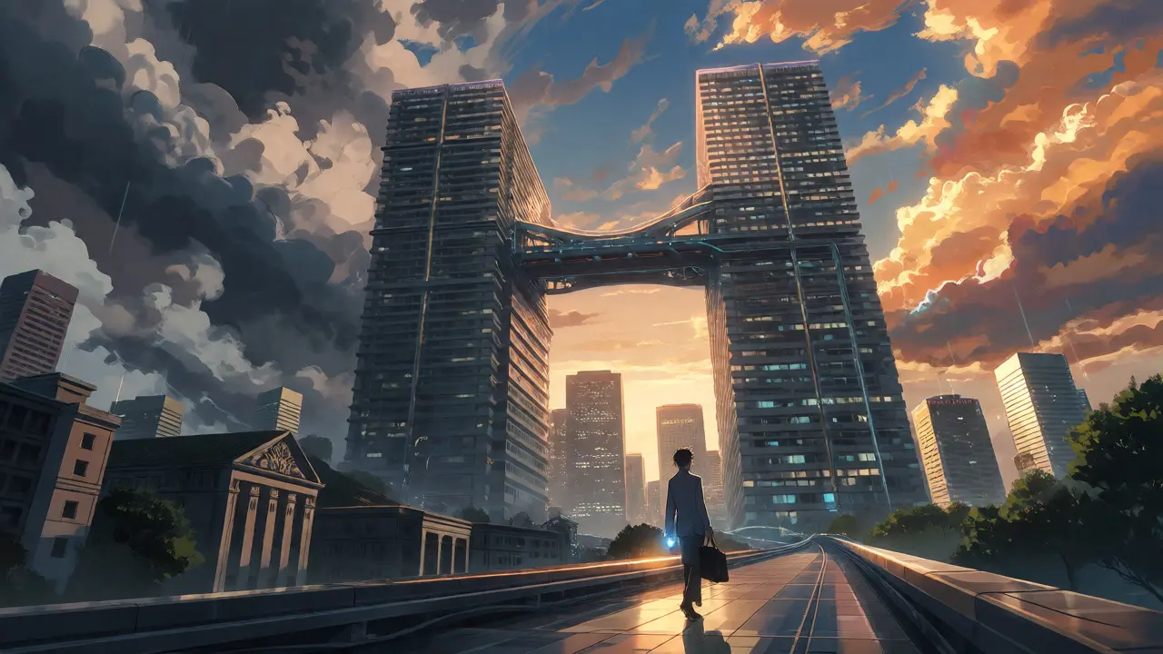 Figure crossing bridge towards bright future symbolizing tax reform