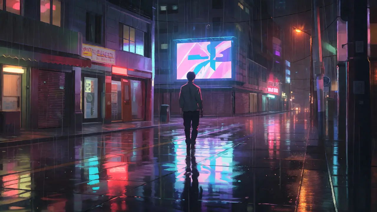 Figure walking on rainy neon-lit street at night