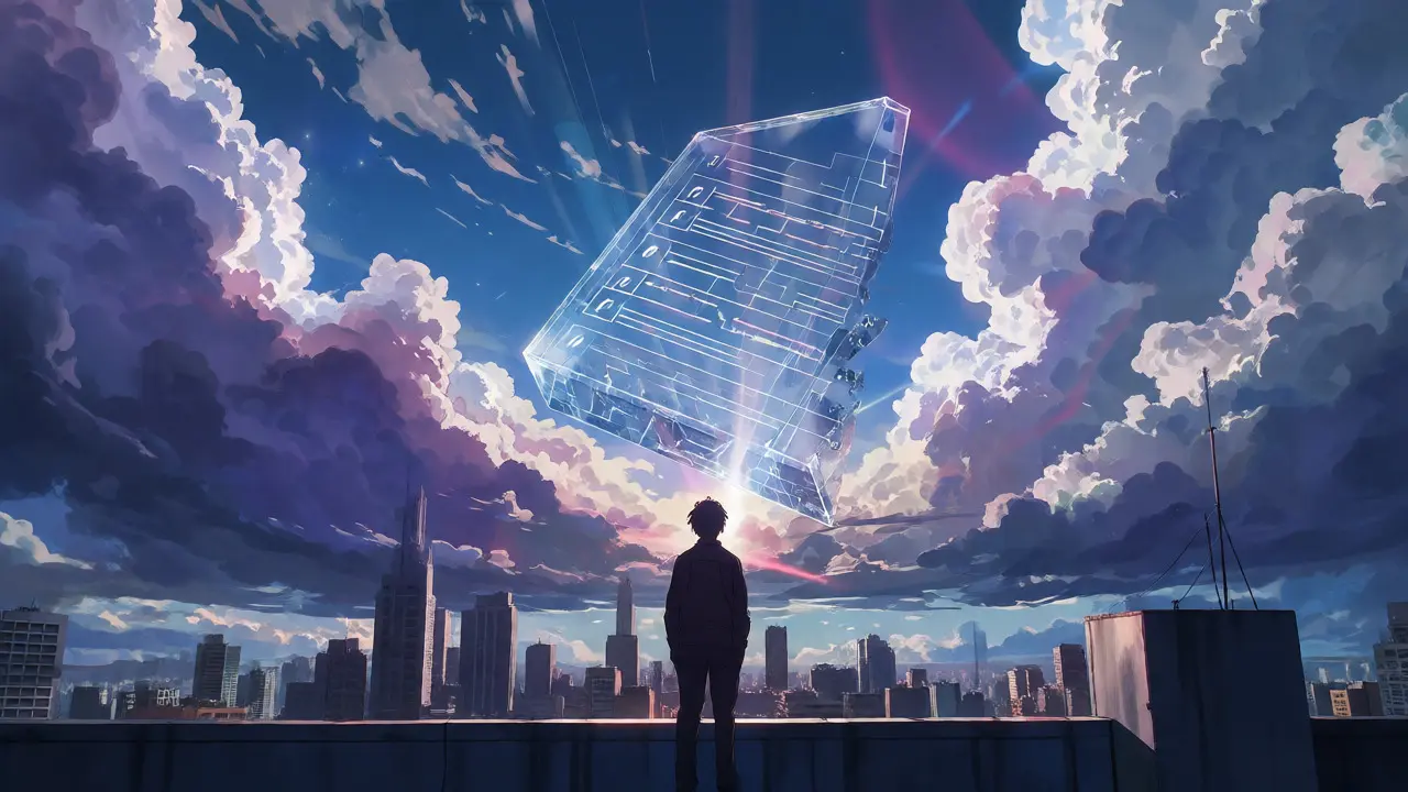 Floating blockchain structure over Bogotá skyline under dramatic clouds