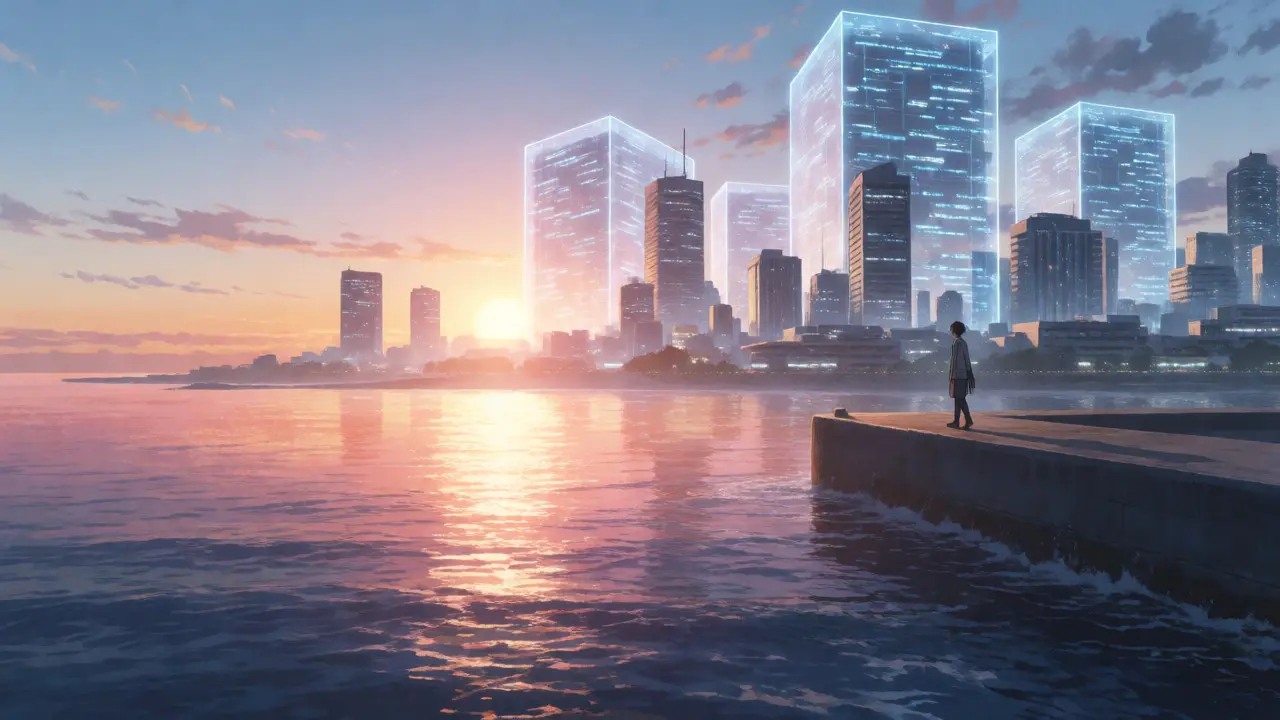 Futuristic coastal city with floating digital data structures