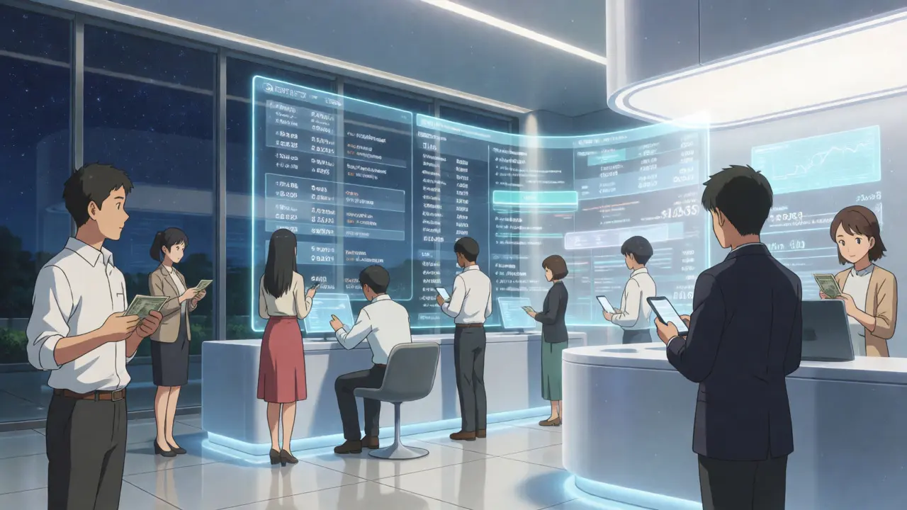 Futuristic digital bank interior with holographic interfaces and customers