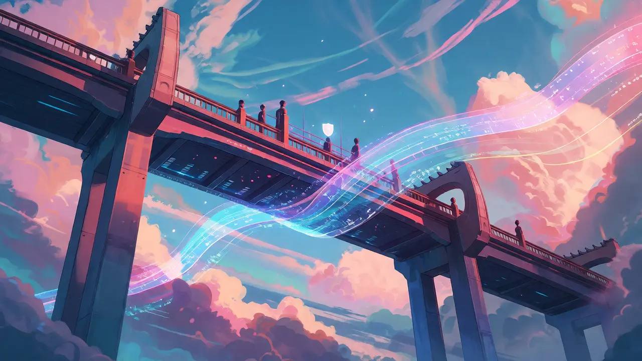 Futuristic Tokyo bridge with flowing data streams under colorful sunset