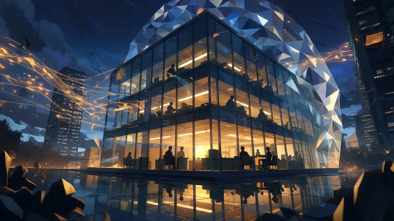 Glass office building protected by a crystalline shield against shadowy threats under a starry night sky.