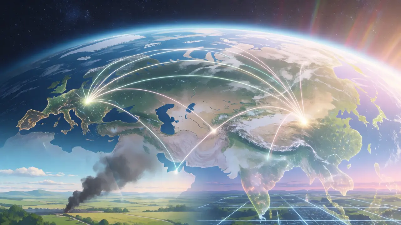 Global map visualization showing distributed Bitcoin mining networks.
