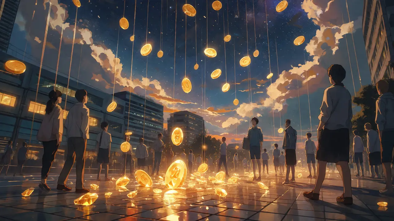 Golden token-like light raining down on city street at night