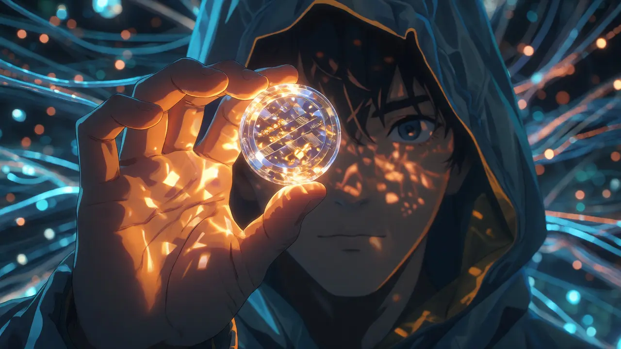 Hand holding glowing PLURA token against blurred city lights
