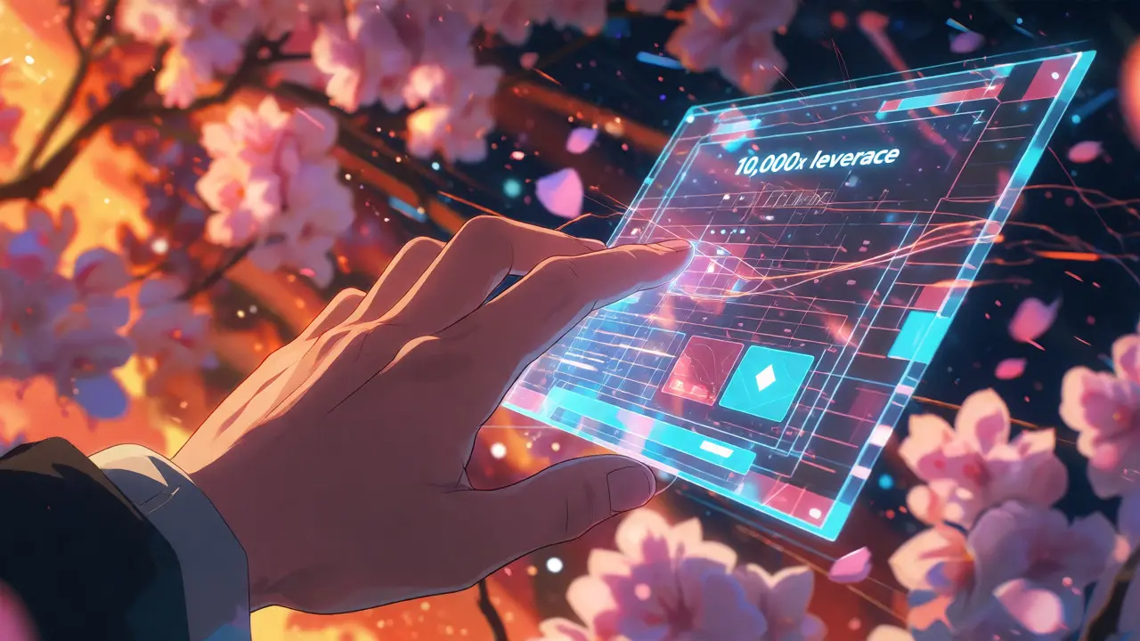 Hand interacting with floating holographic crypto interfaces amidst cherry blossoms