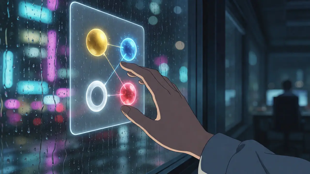 Hand touching floating diverse asset orbs in rainy office