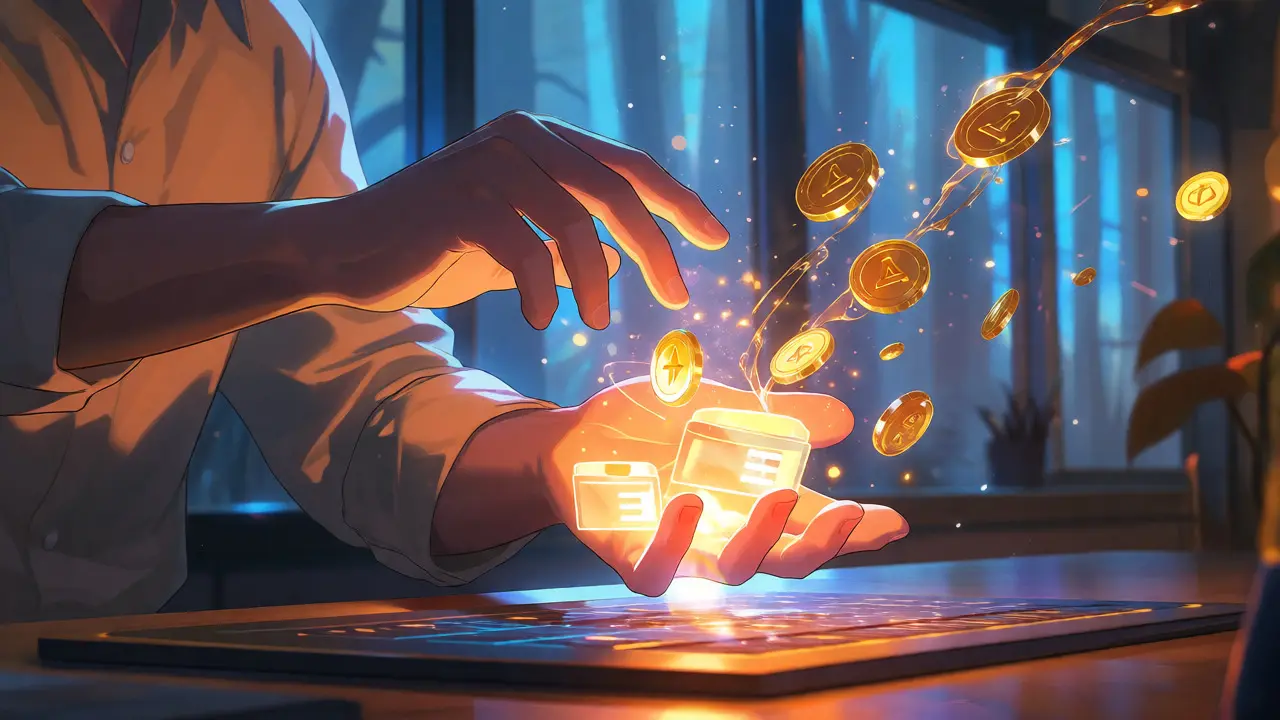 Hands claiming glowing APTR tokens from holographic display in anime style