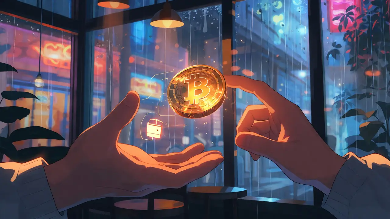 Hands holding a glowing crypto token in a rainy cafe