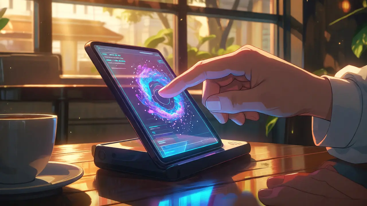 Hands interacting with holographic AI interface in sunlit cafe