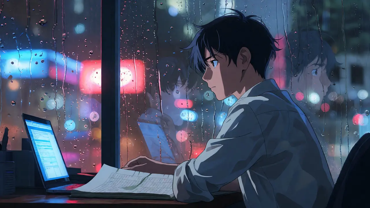 Investor calculating crypto taxes by a rainy window in Bogotá