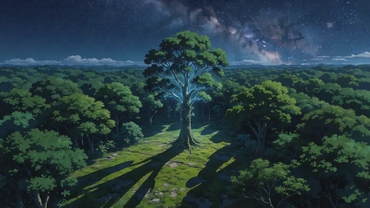 Lush forest under starry sky with digital network