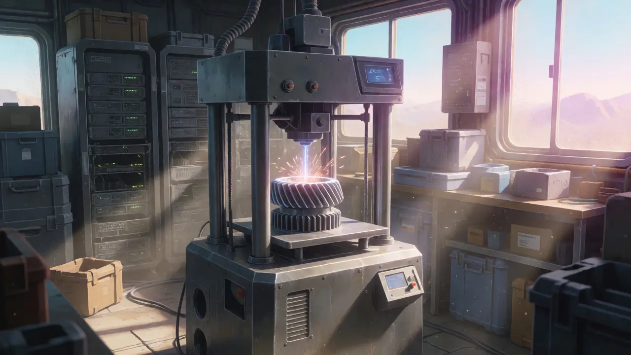Metal 3D printer creating parts in a sunlit industrial workshop