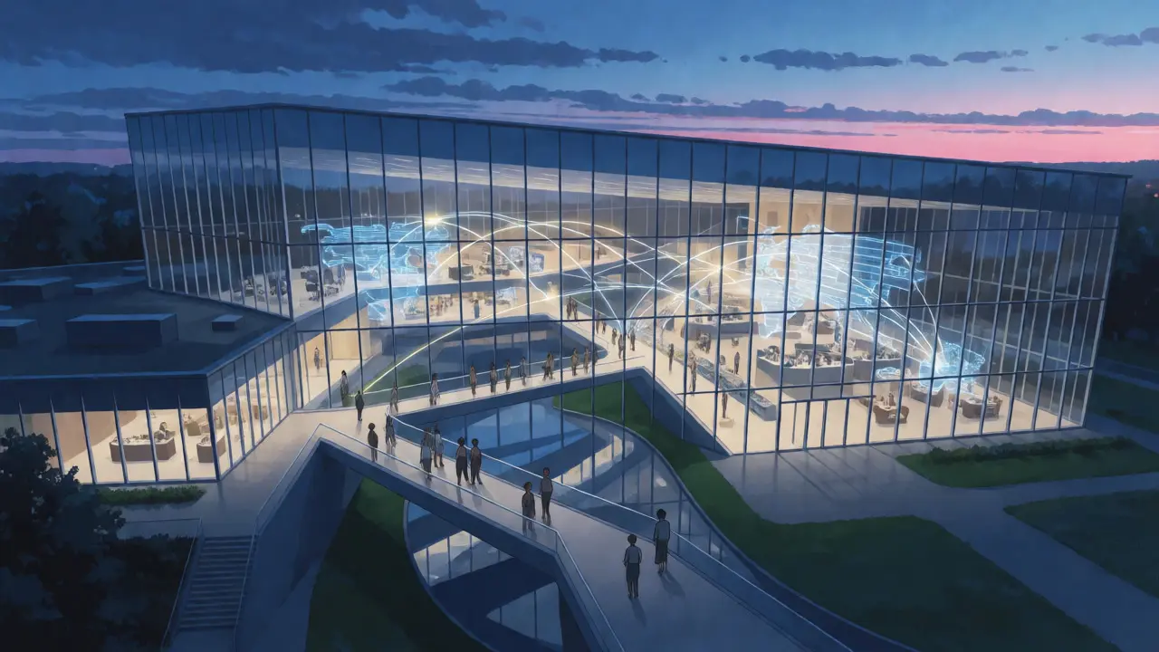 Modern glass architecture representing STEX regulation under a twilight sky.